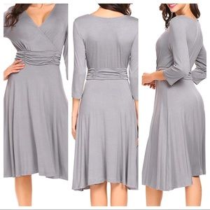 Faux Wrap Deep V Neck Qtr Sleeve Solid A-Line NWT